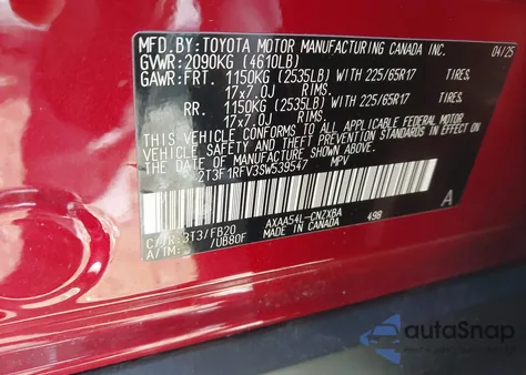 2025 Toyota Rav4 Le from USA, damaged, VIN 2T3F1RFV3SW539547